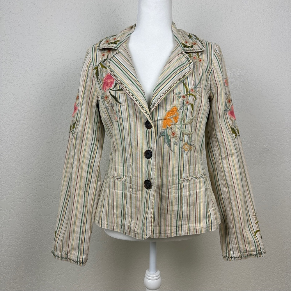 Johnny Was Multicolor Embroidered Striped Floral Blazer